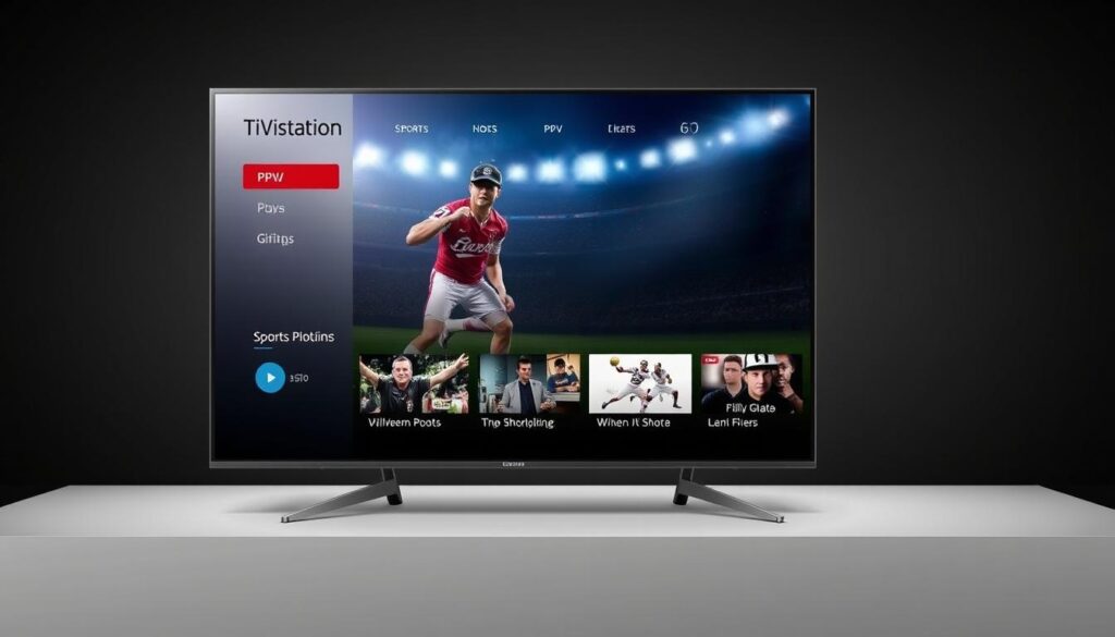 Generate an image showing TiVistation's user interface highlighting its sports and PPV content. Generate an image showing TiVistation's user interface highlighting its sports and PPV content.