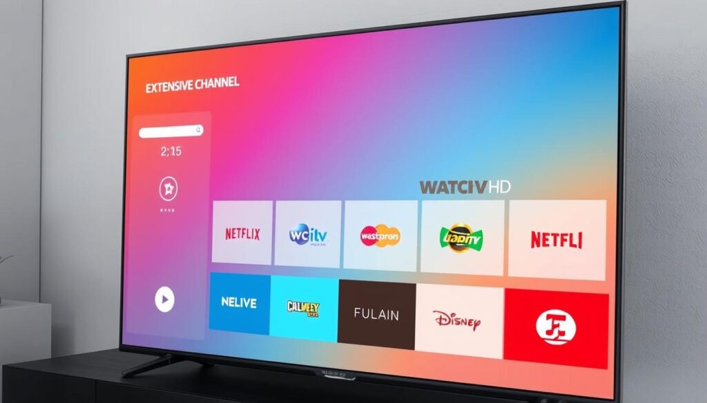 Generate an image showing WatchTV HD's extensive channel options on a smart TV. Generate an image showing WatchTV HD's extensive channel options on a smart TV.