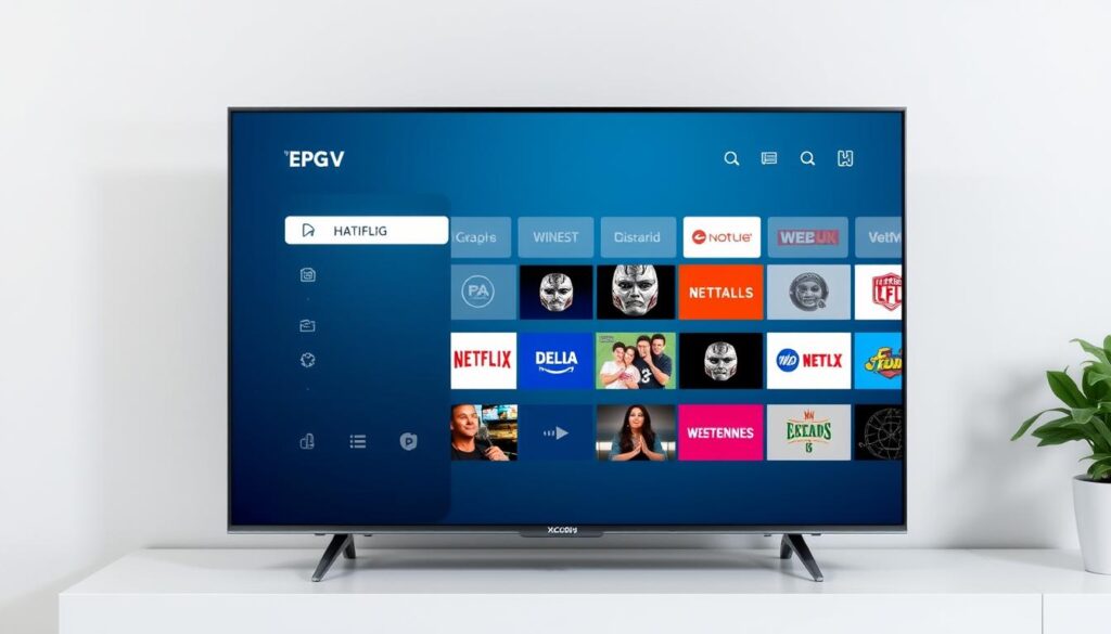 Generate an image showing XCodes IPTV's interface on a smart TV, highlighting its EPG feature. Generate an image showing XCodes IPTV's interface on a smart TV, highlighting its EPG feature.