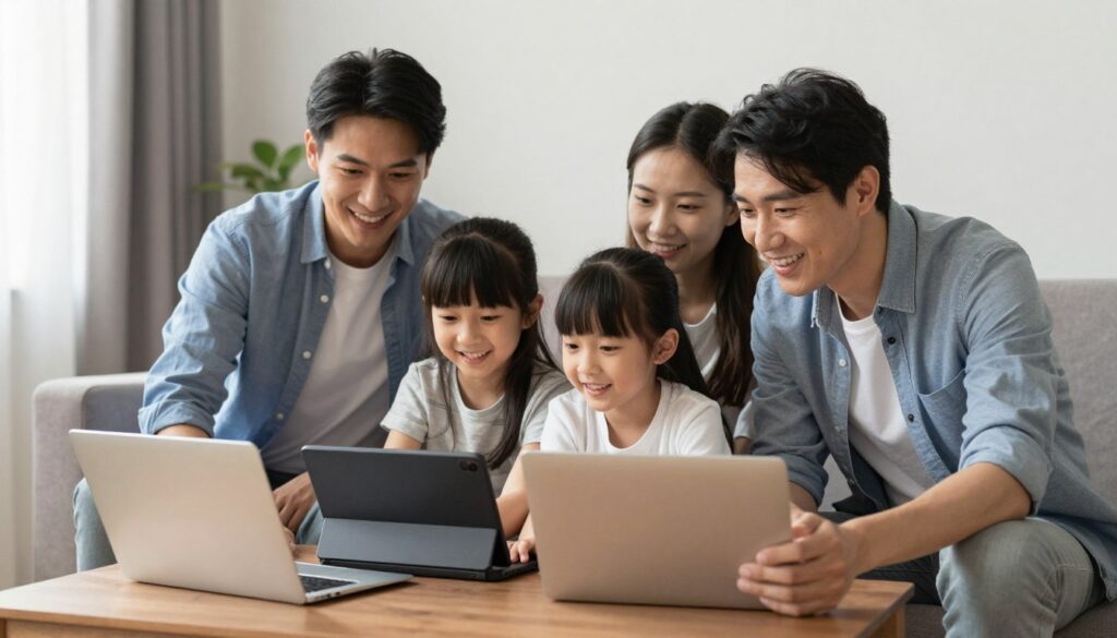 Generate an image showing a family using TiVistation on different devices in their home. Generate an image showing a family using TiVistation on different devices in their home.