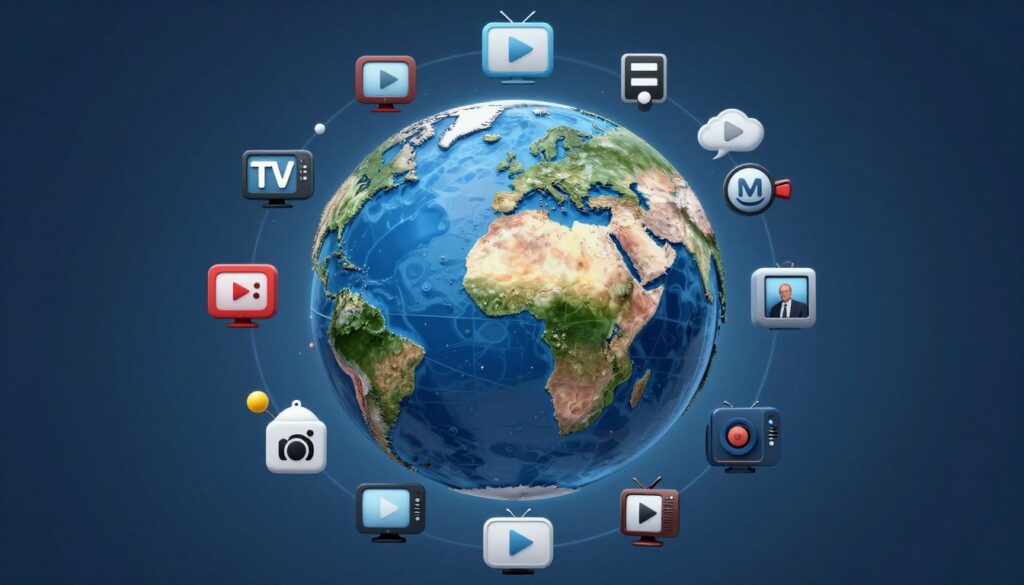 Generate an image showing a globe with various TV channels and movies streaming from it. Generate an image showing a globe with various TV channels and movies streaming from it.