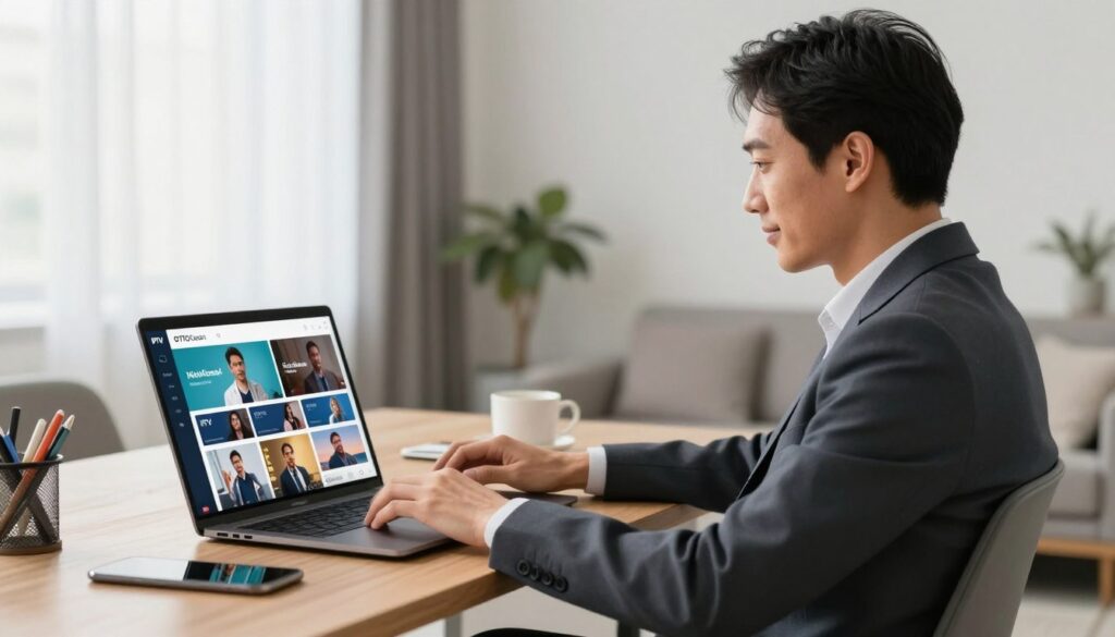 Generate an image showing a person accessing various IPTV content on their laptop using OTTOcean. Generate an image showing a person accessing various IPTV content on their laptop using OTTOcean.