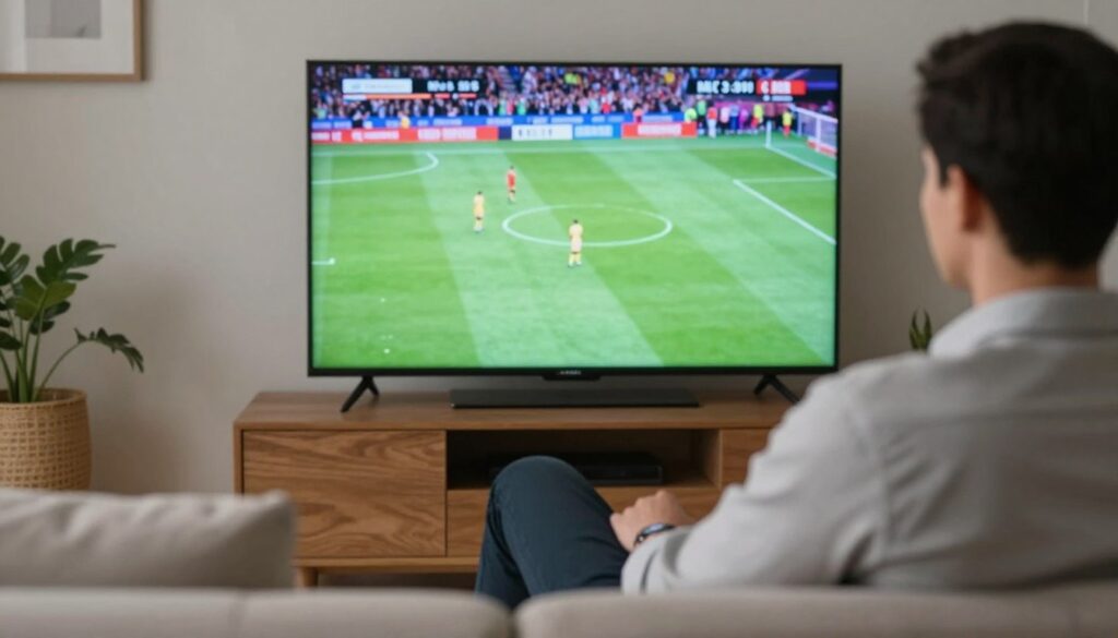 Generate an image showing a person watching sports on TV with a stable and clear stream. Generate an image showing a person watching sports on TV with a stable and clear stream.
