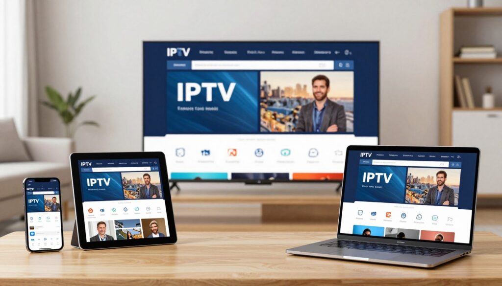 Generate an image showing multiple devices (smartphone, tablet, smart TV, laptop) connected to the same IPTV service. Generate an image showing multiple devices (smartphone, tablet, smart TV, laptop) connected to the same IPTV service.