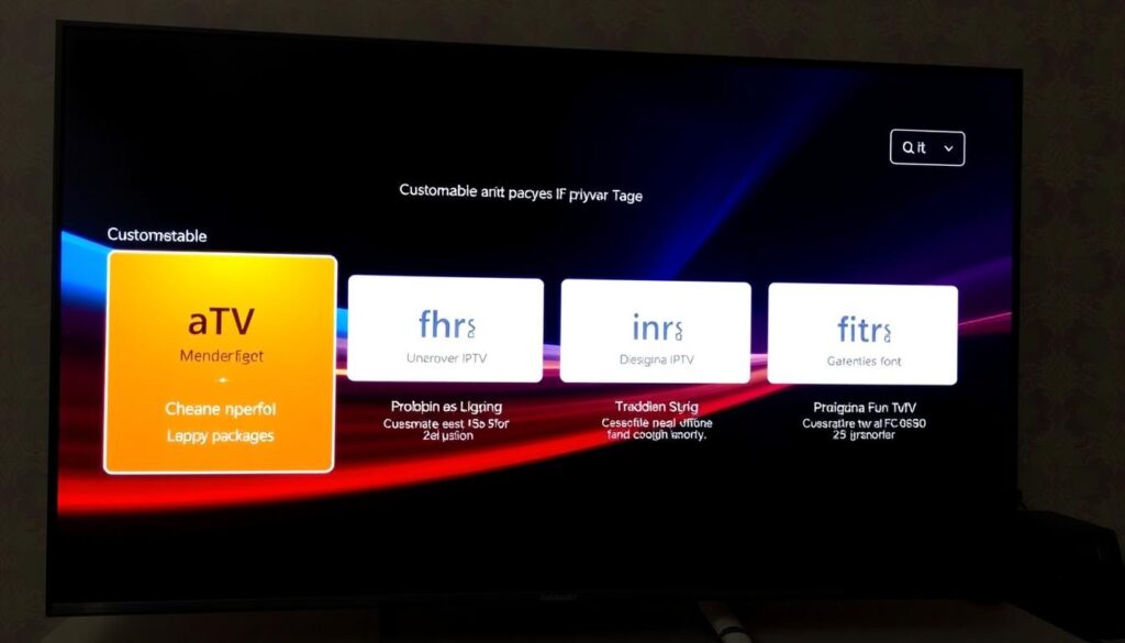 Generate an image showing various customizable IPTV package options on a user's screen. Generate an image showing various customizable IPTV package options on a user's screen.