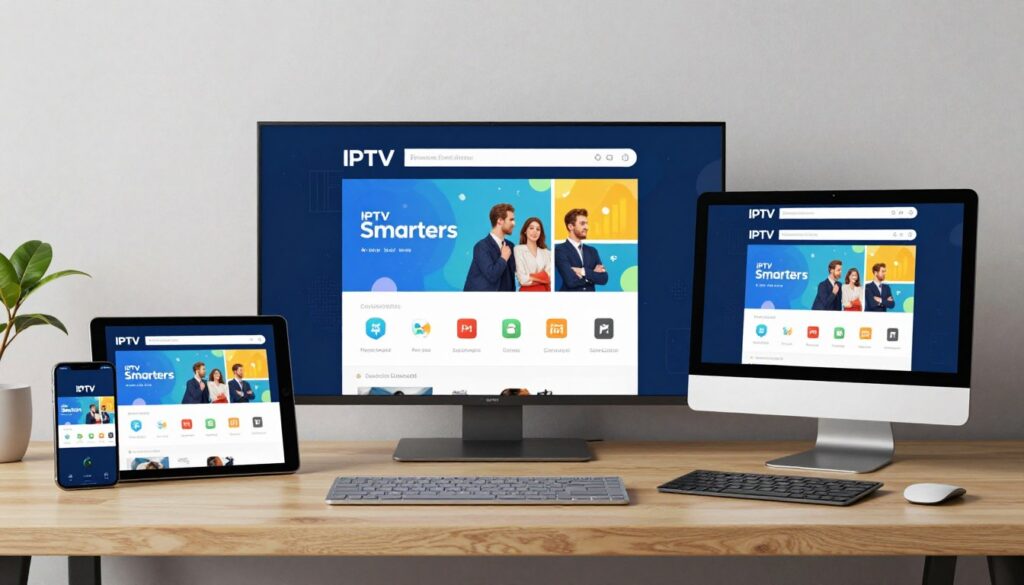 Generate an image showing various devices (smartphone, tablet, smart TV, computer) with the IPTV Smarters app open on each screen. Generate an image showing various devices (smartphone, tablet, smart TV, computer) with the IPTV Smarters app open on each screen.