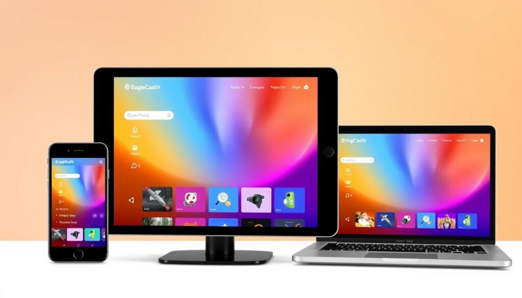 Image of EagleCast TV interface on multiple devices Image of EagleCast TV interface on multiple devices