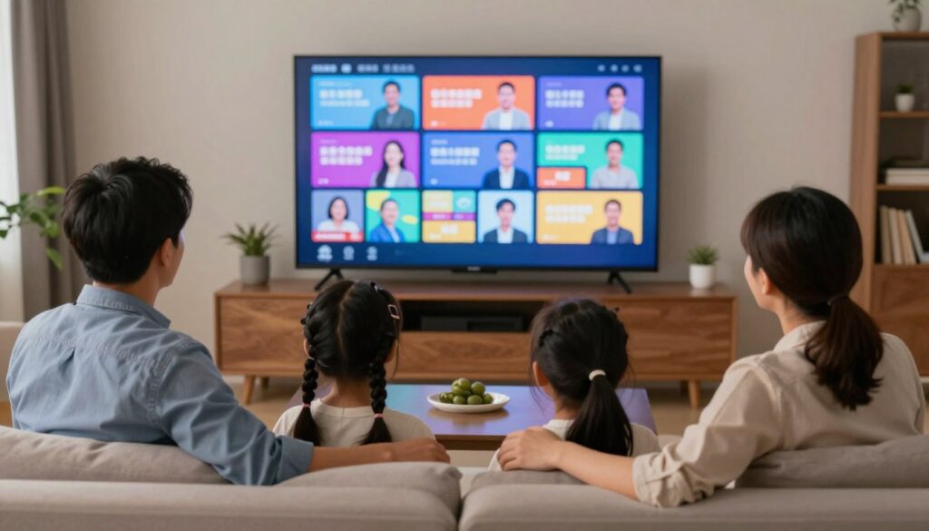 Image of a family watching TV together with a variety of channels on the screen Image of a family watching TV together with a variety of channels on the screen