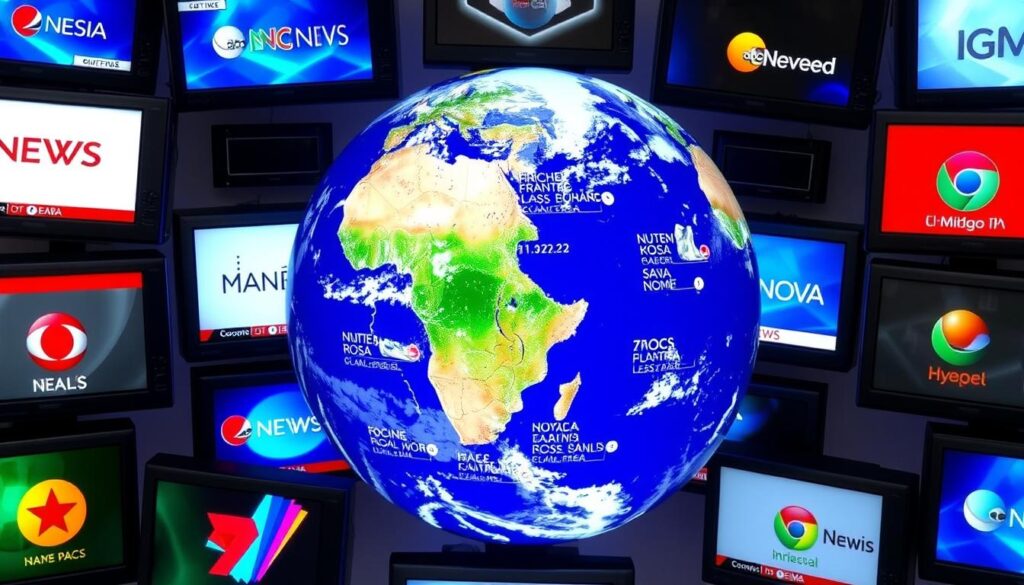 Image of a globe with various TV screens displaying international channels Image of a globe with various TV screens displaying international channels