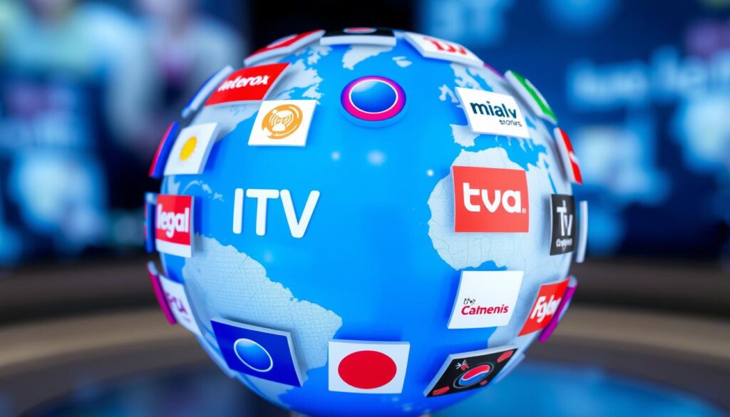 Image of a globe with various international TV channels Image of a globe with various international TV channels