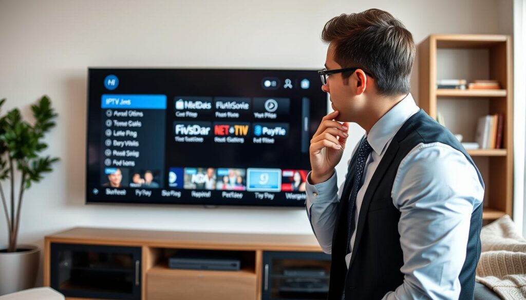 Image of a person choosing an IPTV service on their TV Image of a person choosing an IPTV service on their TV