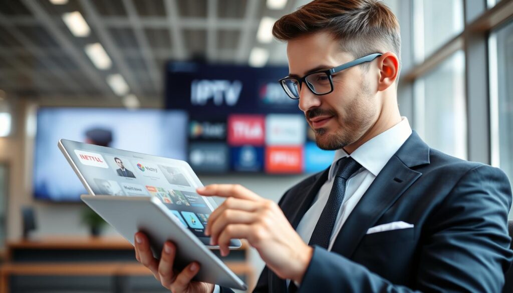 Image of a person comparing different IPTV services on a tablet Image of a person comparing different IPTV services on a tablet