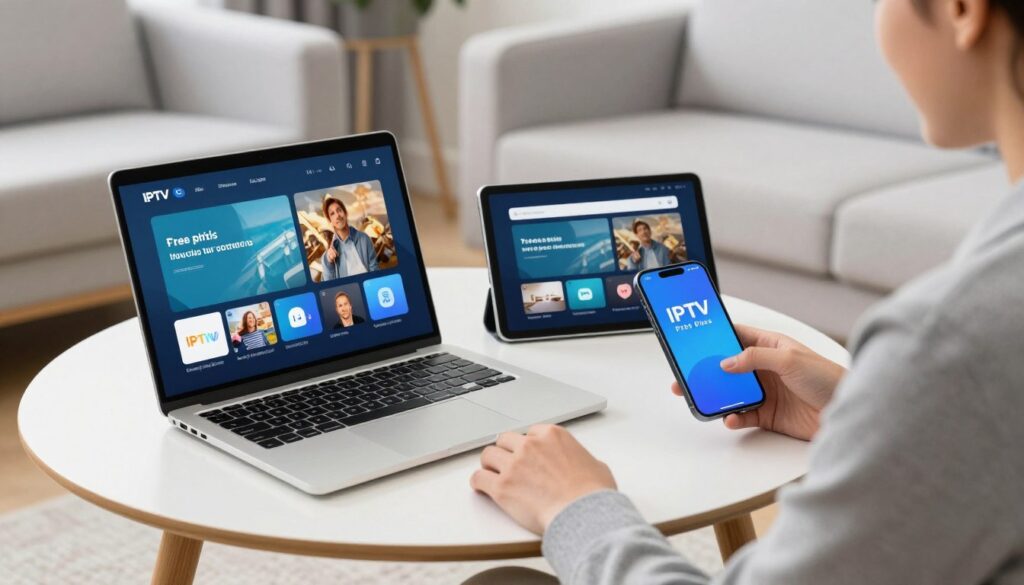 Image of a person enjoying IPTV Plus on various devices during a free trial Image of a person enjoying IPTV Plus on various devices during a free trial