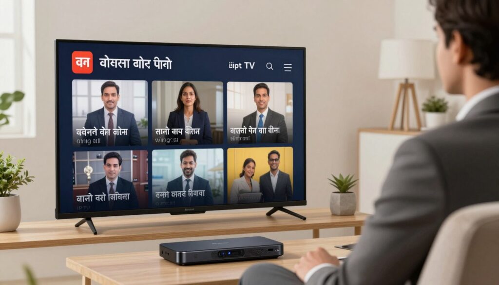 Image of a person watching Hindi content on IPTV Image of a person watching Hindi content on IPTV
