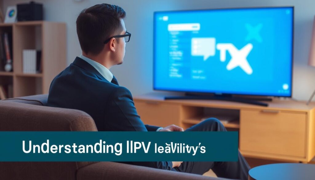 Image of a person watching TV with a caption: Understanding IPTV legality in the US Image of a person watching TV with a caption: Understanding IPTV legality in the US