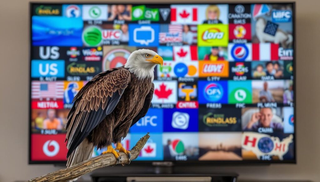 Image of an eagle with a TV screen displaying US and Canadian channels Image of an eagle with a TV screen displaying US and Canadian channels