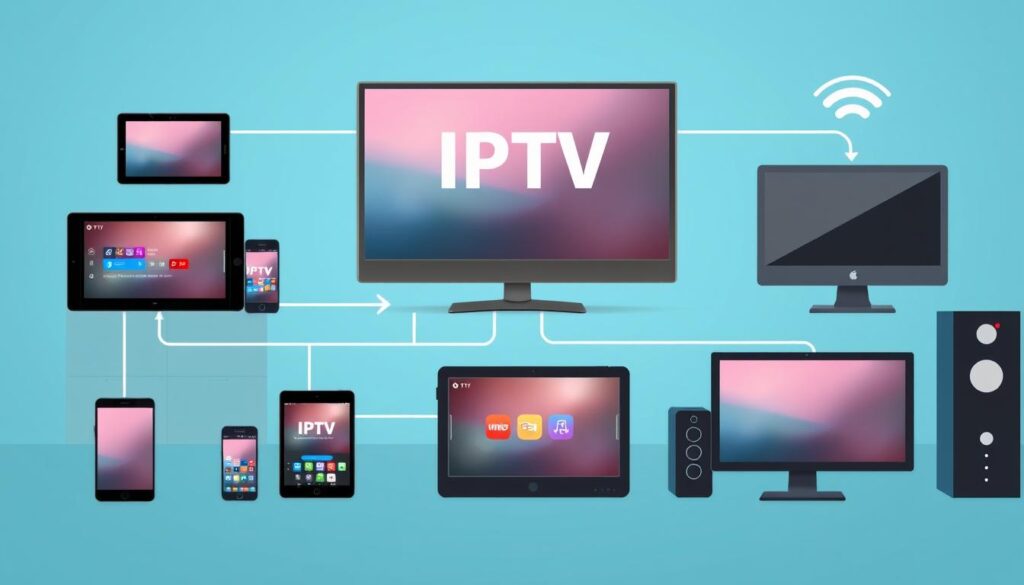 Image of various devices (smart TVs, smartphones, tablets, PCs) connected to IPTV services Image of various devices (smart TVs, smartphones, tablets, PCs) connected to IPTV services
