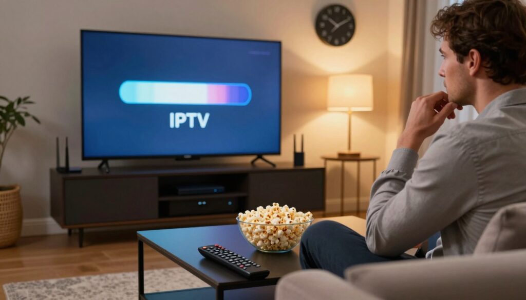 A close-up view of a sleek modern living room featuring a large flat-screen television displaying a buffering icon, symbolizing IPTV troubleshooting. In the foreground, a remote control lies on a stylish coffee table adorned with a bowl of popcorn, while a concerned individual in business casual attire is seated on a comfortable couch, glancing at the screen. In the middle background, a high-tech media center filled with various streaming devices and routers hint at advanced connectivity solutions. The warm, ambient lighting from a nearby lamp creates a cozy atmosphere, while a digital clock on the wall shows the time ticking away, emphasizing urgency. Subtle details of IPTVVUK.COM can be integrated into the scene's decor. The perspective should be slightly angled, capturing both the person and the television prominently. A close-up view of a sleek modern living room featuring a large flat-screen television displaying a buffering icon, symbolizing IPTV troubleshooting. In the foreground, a remote control lies on a stylish coffee table adorned with a bowl of popcorn, while a concerned individual in business casual attire is seated on a comfortable couch, glancing at the screen. In the middle background, a high-tech media center filled with various streaming devices and routers hint at advanced connectivity solutions. The warm, ambient lighting from a nearby lamp creates a cozy atmosphere, while a digital clock on the wall shows the time ticking away, emphasizing urgency. Subtle details of IPTVVUK.COM can be integrated into the scene's decor. The perspective should be slightly angled, capturing both the person and the television prominently.