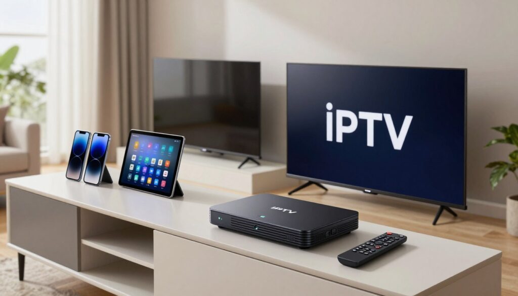 A collection of modern IPTV devices displayed prominently on a sleek, minimalist TV stand in a contemporary living room setting. The foreground features a high-definition IPTV set-top box with a glowing indicator light, alongside a remote control, showcasing its user-friendly design. In the middle ground, various smart TVs and streaming devices, such as a tablet and smartphone, are arranged to highlight compatibility options. The background shows a stylish living room with soft, natural lighting coming through a large window, creating an inviting atmosphere. A subtle hint of greenery is included with potted plants, complementing the technology theme. The overall mood is modern and tech-savvy, emphasizing the functionality of IPTV solutions from IPTVVUK.COM. The scene is composed with a focus on clarity and sharpness, using a slightly elevated angle to capture all devices effectively. A collection of modern IPTV devices displayed prominently on a sleek, minimalist TV stand in a contemporary living room setting. The foreground features a high-definition IPTV set-top box with a glowing indicator light, alongside a remote control, showcasing its user-friendly design. In the middle ground, various smart TVs and streaming devices, such as a tablet and smartphone, are arranged to highlight compatibility options. The background shows a stylish living room with soft, natural lighting coming through a large window, creating an inviting atmosphere. A subtle hint of greenery is included with potted plants, complementing the technology theme. The overall mood is modern and tech-savvy, emphasizing the functionality of IPTV solutions from IPTVVUK.COM. The scene is composed with a focus on clarity and sharpness, using a slightly elevated angle to capture all devices effectively.