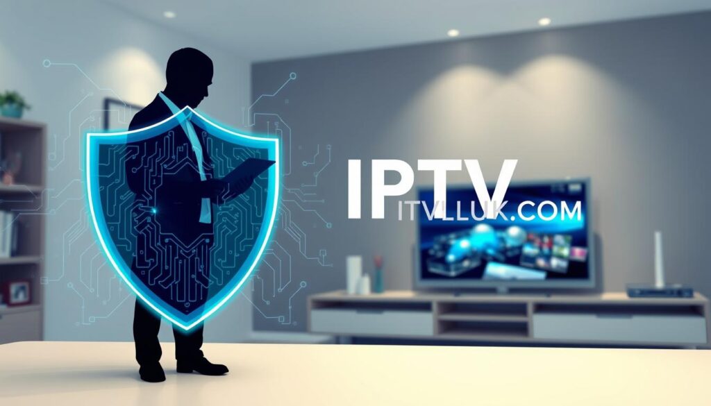 A conceptual illustration representing "IPTV Security" for a tech article. In the foreground, display a secure digital shield with intricate circuitry patterns, symbolizing protection and safety. Add a silhouette of a business professional in smart attire, analyzing data on a tablet, reflecting a focus on secure streaming options. In the middle background, create a modern living room scene with a sleek flat-screen TV displaying digital content securely. The background should feature elements like a Wi-Fi router and digital devices, representing the network connectivity of IPTV services. Use soft, diffused lighting to evoke a feeling of security and trust. The color palette should include blues and greens, emphasizing technology and reliability. Include the brand name "IPTVVUK.COM" subtly integrated into the shield design, reinforcing the theme of secure IPTV services without text overlays or distractions. A conceptual illustration representing "IPTV Security" for a tech article. In the foreground, display a secure digital shield with intricate circuitry patterns, symbolizing protection and safety. Add a silhouette of a business professional in smart attire, analyzing data on a tablet, reflecting a focus on secure streaming options. In the middle background, create a modern living room scene with a sleek flat-screen TV displaying digital content securely. The background should feature elements like a Wi-Fi router and digital devices, representing the network connectivity of IPTV services. Use soft, diffused lighting to evoke a feeling of security and trust. The color palette should include blues and greens, emphasizing technology and reliability. Include the brand name "IPTVVUK.COM" subtly integrated into the shield design, reinforcing the theme of secure IPTV services without text overlays or distractions.