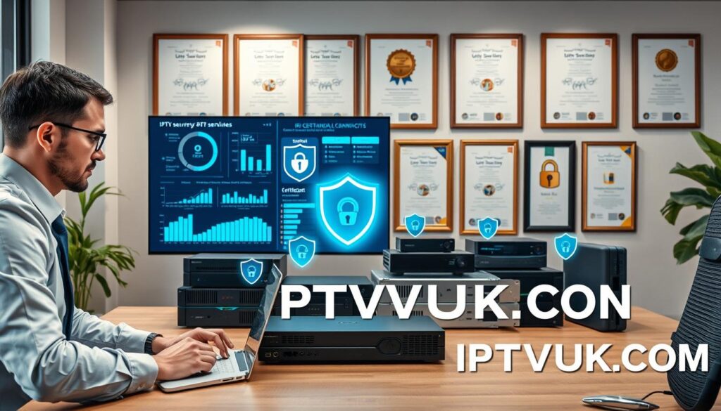 A contemporary office environment focused on IPTV security measures. In the foreground, a professional-looking individual in business attire is analyzing data on a sleek laptop, with a digital screen displaying cybersecurity charts and streaming analytics. To the middle, various high-tech devices like routers and encrypted boxes symbolize IPTV technology, all surrounded by digital shields representing security. The background shows a wall adorned with certificates emphasizing legal compliance and safety precautions. The lighting is bright and focused, creating a clean and professional atmosphere. The image should convey a sense of vigilance and trust, highlighting the importance of security in IPTV. Include the brand name "IPTVVUK.COM" subtly in the digital elements without overtly showcasing it. A contemporary office environment focused on IPTV security measures. In the foreground, a professional-looking individual in business attire is analyzing data on a sleek laptop, with a digital screen displaying cybersecurity charts and streaming analytics. To the middle, various high-tech devices like routers and encrypted boxes symbolize IPTV technology, all surrounded by digital shields representing security. The background shows a wall adorned with certificates emphasizing legal compliance and safety precautions. The lighting is bright and focused, creating a clean and professional atmosphere. The image should convey a sense of vigilance and trust, highlighting the importance of security in IPTV. Include the brand name "IPTVVUK.COM" subtly in the digital elements without overtly showcasing it.