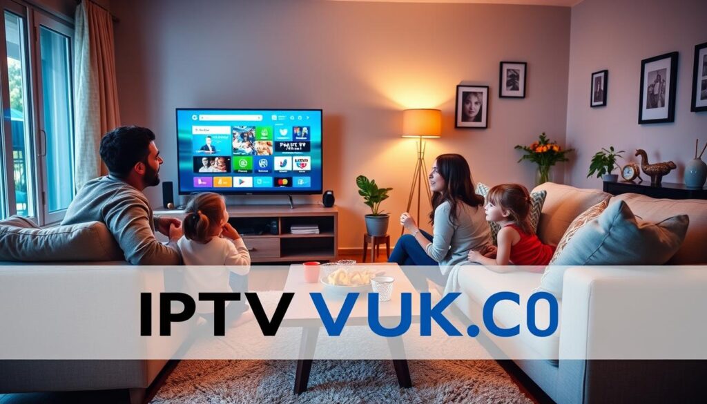 A cozy family living room setting where parents and children enjoy watching a screen together. In the foreground, a diverse family of four—father in a smart casual outfit, mother in comfortable yet stylish clothing, and two children—keenly engage with a vibrant TV displaying a colorful streaming interface. In the middle ground, a plush sofa, a coffee table with snacks, and a soft rug create a welcoming atmosphere. The background features warm lighting from a nearby window, showcasing family-friendly decor, including framed pictures and cheerful plants. The ambiance is inviting and playful, emphasizing connection and entertainment. The logo "IPTVVUK.COM" subtly integrated into the scene, reflecting family-friendly features of the streaming service. A cozy family living room setting where parents and children enjoy watching a screen together. In the foreground, a diverse family of four—father in a smart casual outfit, mother in comfortable yet stylish clothing, and two children—keenly engage with a vibrant TV displaying a colorful streaming interface. In the middle ground, a plush sofa, a coffee table with snacks, and a soft rug create a welcoming atmosphere. The background features warm lighting from a nearby window, showcasing family-friendly decor, including framed pictures and cheerful plants. The ambiance is inviting and playful, emphasizing connection and entertainment. The logo "IPTVVUK.COM" subtly integrated into the scene, reflecting family-friendly features of the streaming service.