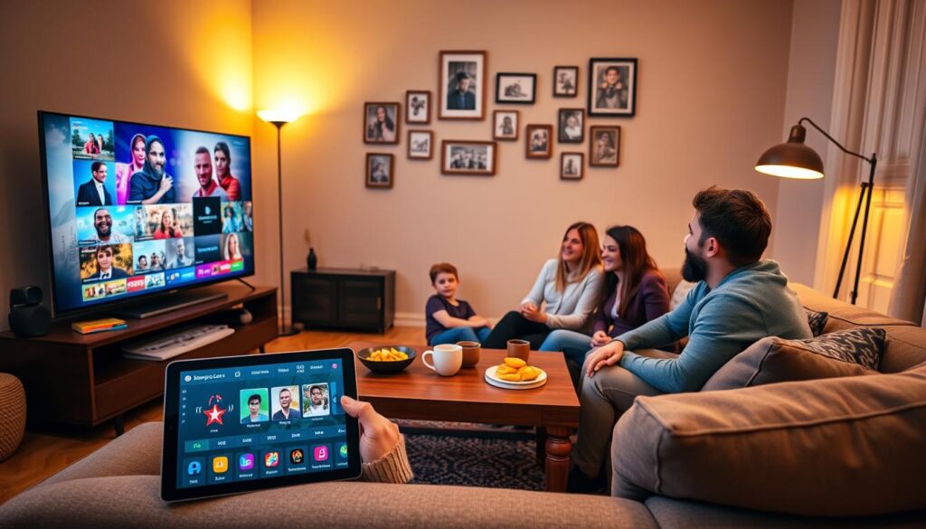 A cozy living room scene showcasing a family of four enjoying IPTV Romania. In the foreground, a diverse family, dressed in casual comfortable clothes, sits on a stylish sofa, captivated by a large smart TV displaying vibrant streaming content. The middle layer features a wooden coffee table with snacks, and a tablet showcasing IPTVVUK.COM's interface. The background includes a well-decorated wall with family photos and a warm ambiance created by soft yellow lighting coming from a stylish floor lamp. The mood is happy and relaxed, emphasizing the joy of home entertainment with secure and legal streaming options. Shot with a warm, inviting lens effect, capturing the essence of family bonding while watching IPTV. A cozy living room scene showcasing a family of four enjoying IPTV Romania. In the foreground, a diverse family, dressed in casual comfortable clothes, sits on a stylish sofa, captivated by a large smart TV displaying vibrant streaming content. The middle layer features a wooden coffee table with snacks, and a tablet showcasing IPTVVUK.COM's interface. The background includes a well-decorated wall with family photos and a warm ambiance created by soft yellow lighting coming from a stylish floor lamp. The mood is happy and relaxed, emphasizing the joy of home entertainment with secure and legal streaming options. Shot with a warm, inviting lens effect, capturing the essence of family bonding while watching IPTV.