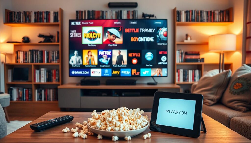 A cozy living room setting designed for watching movies and series, featuring a large flat-screen TV showcasing vibrant streaming content logos. In the foreground, a stylish coffee table holds popcorn, a remote control, and a tablet displaying the website "IPTVVUK.COM." In the middle, a comfortable sofa with throw pillows invites viewers, while soft, warm lighting bathes the room, creating an inviting atmosphere. The background includes shelves filled with DVDs and books, enhancing a sense of varied entertainment options. The scene is captured from a slightly elevated angle to emphasize the TV and the comfort of the space, conveying a relaxing, family-oriented mood perfect for enjoying a night of streaming content. A cozy living room setting designed for watching movies and series, featuring a large flat-screen TV showcasing vibrant streaming content logos. In the foreground, a stylish coffee table holds popcorn, a remote control, and a tablet displaying the website "IPTVVUK.COM." In the middle, a comfortable sofa with throw pillows invites viewers, while soft, warm lighting bathes the room, creating an inviting atmosphere. The background includes shelves filled with DVDs and books, enhancing a sense of varied entertainment options. The scene is captured from a slightly elevated angle to emphasize the TV and the comfort of the space, conveying a relaxing, family-oriented mood perfect for enjoying a night of streaming content.