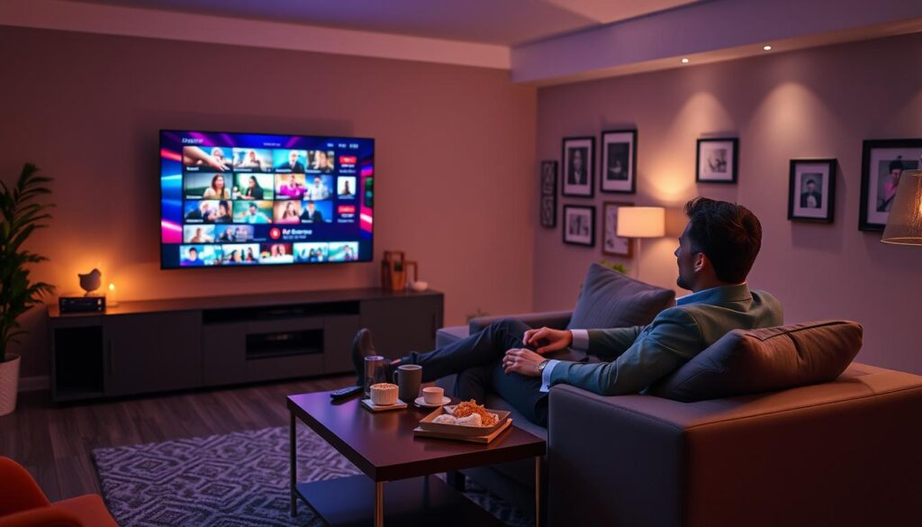 A cozy living room setting featuring a stylish modern TV displaying vibrant streaming content, symbolizing the shift from traditional cable to IPTV. In the foreground, a well-dressed professional couple lounges comfortably on a sleek sofa, engrossed in a captivating show with expressions of enjoyment. The middle ground includes a coffee table adorned with snacks and remote controls. The background reveals a beautifully decorated wall with framed family photos and subtle ambient lighting, creating a warm atmosphere. The scene is illuminated with soft, inviting light, emphasizing the comfort of home entertainment. The overall mood is relaxed and engaging, showcasing a transformative viewing experience. Include the brand name "IPTVVUK.COM" subtly integrated into the wall décor for branding purposes. A cozy living room setting featuring a stylish modern TV displaying vibrant streaming content, symbolizing the shift from traditional cable to IPTV. In the foreground, a well-dressed professional couple lounges comfortably on a sleek sofa, engrossed in a captivating show with expressions of enjoyment. The middle ground includes a coffee table adorned with snacks and remote controls. The background reveals a beautifully decorated wall with framed family photos and subtle ambient lighting, creating a warm atmosphere. The scene is illuminated with soft, inviting light, emphasizing the comfort of home entertainment. The overall mood is relaxed and engaging, showcasing a transformative viewing experience. Include the brand name "IPTVVUK.COM" subtly integrated into the wall décor for branding purposes.