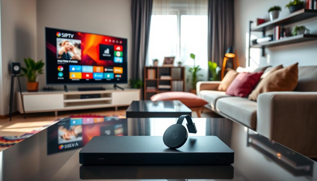 A cozy living room setting showcasing a sleek television displaying the SS IPTV interface on screen, depicting vibrant streaming options and a user-friendly design. In the foreground, a stylish Chromecast device sits prominently on a modern coffee table, elegantly designed, with subtle reflections of ambient light. In the middle, a sofa adorned with plush cushions invites relaxation, while a colorful rug adds warmth to the space. The background features soft-lit shelves with digital media, books, and indoor plants, contributing to a homely atmosphere. Natural sunlight filters through a window, casting gentle shadows and enhancing the scene's inviting mood. The image evokes a sense of warmth and technological comfort as it highlights IPTVVUK.COM’s offerings, emphasizing connectivity and entertainment in daily life. A cozy living room setting showcasing a sleek television displaying the SS IPTV interface on screen, depicting vibrant streaming options and a user-friendly design. In the foreground, a stylish Chromecast device sits prominently on a modern coffee table, elegantly designed, with subtle reflections of ambient light. In the middle, a sofa adorned with plush cushions invites relaxation, while a colorful rug adds warmth to the space. The background features soft-lit shelves with digital media, books, and indoor plants, contributing to a homely atmosphere. Natural sunlight filters through a window, casting gentle shadows and enhancing the scene's inviting mood. The image evokes a sense of warmth and technological comfort as it highlights IPTVVUK.COM’s offerings, emphasizing connectivity and entertainment in daily life.
