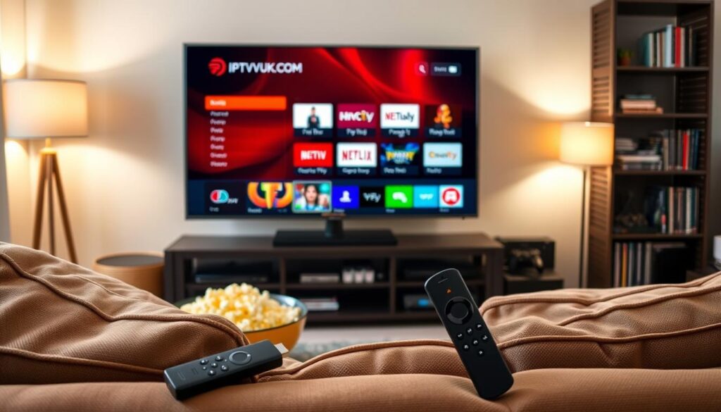 A cozy living room setup featuring a Firestick plugged into a sleek TV, showcasing the IPTVVUK.COM interface on the screen. In the foreground, a comfortable couch with plush cushions is adorned with a couple of remote controls and a bowl of popcorn. The middle ground highlights the TV displaying a vibrant IPTV menu with colorful channel icons, alongside a well-organized media center with DVDs and gaming consoles. The background reveals soft ambient lighting, perhaps a lamp casting a warm glow, creating a welcoming atmosphere. The mood is relaxed and inviting, with an emphasis on family entertainment. Capture the scene from a slightly elevated angle to include the TV and couch in the frame while maintaining focus on the IPTVVUK.COM interface for clarity. A cozy living room setup featuring a Firestick plugged into a sleek TV, showcasing the IPTVVUK.COM interface on the screen. In the foreground, a comfortable couch with plush cushions is adorned with a couple of remote controls and a bowl of popcorn. The middle ground highlights the TV displaying a vibrant IPTV menu with colorful channel icons, alongside a well-organized media center with DVDs and gaming consoles. The background reveals soft ambient lighting, perhaps a lamp casting a warm glow, creating a welcoming atmosphere. The mood is relaxed and inviting, with an emphasis on family entertainment. Capture the scene from a slightly elevated angle to include the TV and couch in the frame while maintaining focus on the IPTVVUK.COM interface for clarity.