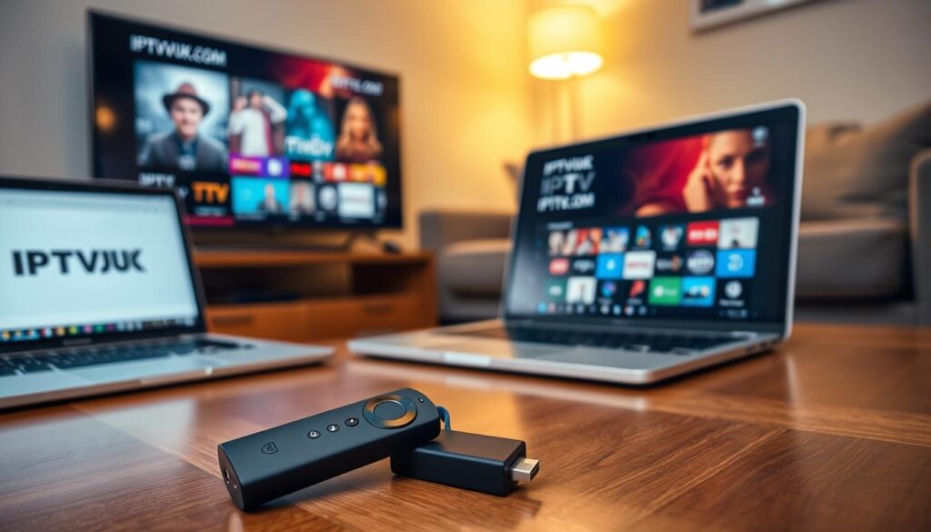 A cozy living room setup focused on a television with a Firestick plugged into it, showcasing the IPTV installation process. In the foreground, a sleek black Firestick remote lies on a wooden coffee table next to a laptop displaying the IPTVVUK.COM website. The middle ground features a television screen showing the user interface of an IPTV app, vibrant and engaging, reflecting colorful TV show thumbnails. The background displays a comfy sofa and ambient lighting with soft yellow hues to create a warm atmosphere. The shot is taken from a slightly elevated angle, emphasizing the tech setup, while maintaining a professional and inviting mood suitable for readers preparing for IPTV installation. A cozy living room setup focused on a television with a Firestick plugged into it, showcasing the IPTV installation process. In the foreground, a sleek black Firestick remote lies on a wooden coffee table next to a laptop displaying the IPTVVUK.COM website. The middle ground features a television screen showing the user interface of an IPTV app, vibrant and engaging, reflecting colorful TV show thumbnails. The background displays a comfy sofa and ambient lighting with soft yellow hues to create a warm atmosphere. The shot is taken from a slightly elevated angle, emphasizing the tech setup, while maintaining a professional and inviting mood suitable for readers preparing for IPTV installation.