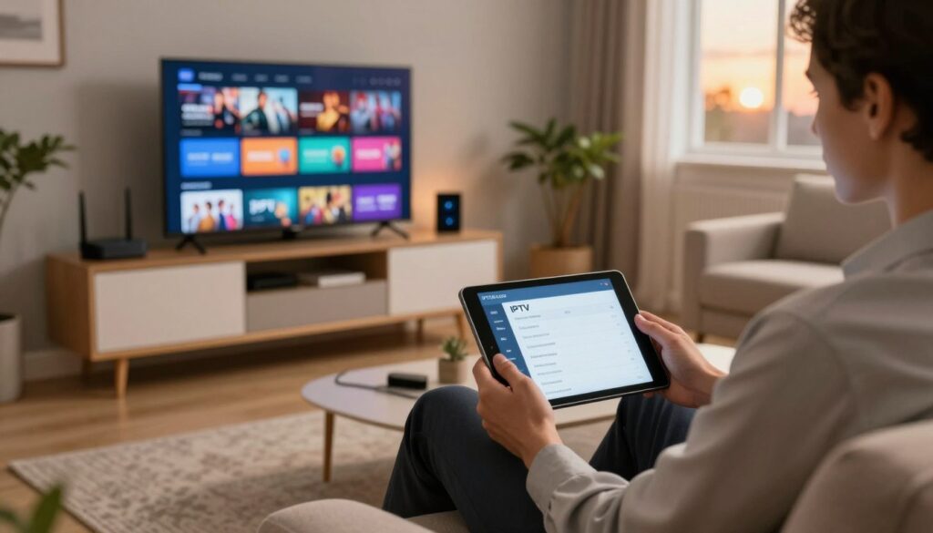 A cozy, modern living room setting focused on IPTV troubleshooting. In the foreground, a person in professional business attire is seated on a comfortable couch, intently examining a tablet displaying IPTV settings. The middle ground features a stylish entertainment center with a sleek TV and vibrant streaming content visible on the screen, while visible tech gadgets like a router and HDMI cables suggest a tech-savvy environment. In the background, soft ambient lighting creates a warm atmosphere, with decorative plants and a window showcasing a sunset for a calming effect. The scene embodies an organized and efficient space designed for optimizing the IPTV movie experience. Include the brand name "IPTVVUK.COM" subtly integrated into the decor. The composition is shot from a slightly elevated angle, capturing depth and focus on the troubleshooting process. A cozy, modern living room setting focused on IPTV troubleshooting. In the foreground, a person in professional business attire is seated on a comfortable couch, intently examining a tablet displaying IPTV settings. The middle ground features a stylish entertainment center with a sleek TV and vibrant streaming content visible on the screen, while visible tech gadgets like a router and HDMI cables suggest a tech-savvy environment. In the background, soft ambient lighting creates a warm atmosphere, with decorative plants and a window showcasing a sunset for a calming effect. The scene embodies an organized and efficient space designed for optimizing the IPTV movie experience. Include the brand name "IPTVVUK.COM" subtly integrated into the decor. The composition is shot from a slightly elevated angle, capturing depth and focus on the troubleshooting process.