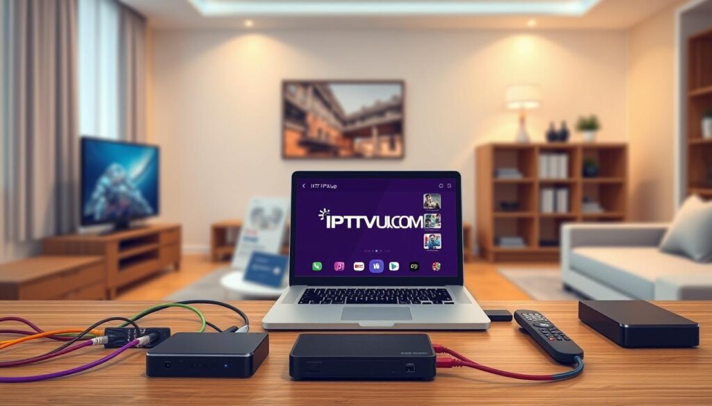 A detailed IPTV setup guide illustration, featuring a clean and organized workspace. In the foreground, a sleek TV connected to a streaming device, with colorful cables neatly arranged. In the middle, a laptop displaying the IPTV setup interface, surrounded by guides and devices such as a router and remote control. The background showcases a modern living room with soft ambient lighting, providing a warm atmosphere. View from a slightly elevated angle to capture all elements harmoniously. The image conveys a sense of clarity and ease, perfect for initiating the IPTV setup process. The brand "IPTVVUK.COM" subtly displayed on the screen of the laptop, emphasizing reliability and expertise in IPTV solutions. A detailed IPTV setup guide illustration, featuring a clean and organized workspace. In the foreground, a sleek TV connected to a streaming device, with colorful cables neatly arranged. In the middle, a laptop displaying the IPTV setup interface, surrounded by guides and devices such as a router and remote control. The background showcases a modern living room with soft ambient lighting, providing a warm atmosphere. View from a slightly elevated angle to capture all elements harmoniously. The image conveys a sense of clarity and ease, perfect for initiating the IPTV setup process. The brand "IPTVVUK.COM" subtly displayed on the screen of the laptop, emphasizing reliability and expertise in IPTV solutions.