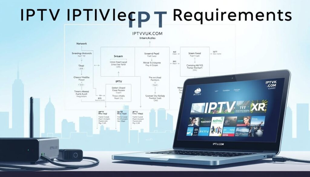 A detailed and informative illustration representing "IPTV Technical Requirements" for a professional article. In the foreground, a sleek laptop displaying IPTV interface with bright, clear visuals of channels and content. Beside it, technical gadgets like a modem and cables, showing connectivity. In the middle ground, a blueprint-style diagram outlining network specifications, streaming protocols, and bandwidth requirements. The background features a subtle silhouette of a city skyline, symbolizing international reach, under a soft blue and white color palette that conveys a sense of modern technology. The lighting is bright and professional, mimicking a tech office environment. The overall mood is informative and engaging, aimed at tech-savvy readers interested in IPTV services. The brand name "IPTVVUK.COM" subtly included as a logo on the laptop screen. A detailed and informative illustration representing "IPTV Technical Requirements" for a professional article. In the foreground, a sleek laptop displaying IPTV interface with bright, clear visuals of channels and content. Beside it, technical gadgets like a modem and cables, showing connectivity. In the middle ground, a blueprint-style diagram outlining network specifications, streaming protocols, and bandwidth requirements. The background features a subtle silhouette of a city skyline, symbolizing international reach, under a soft blue and white color palette that conveys a sense of modern technology. The lighting is bright and professional, mimicking a tech office environment. The overall mood is informative and engaging, aimed at tech-savvy readers interested in IPTV services. The brand name "IPTVVUK.COM" subtly included as a logo on the laptop screen.