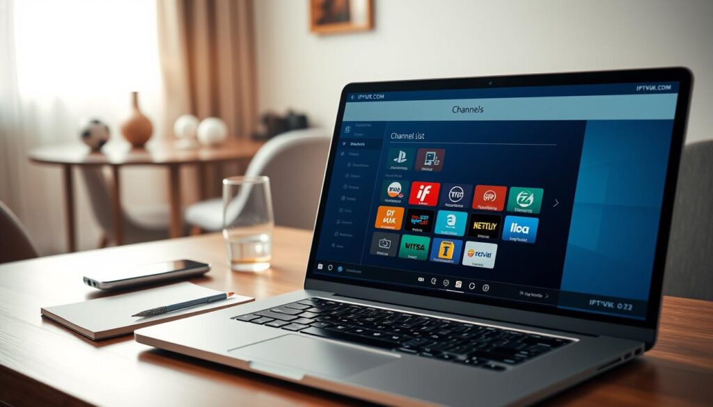 A detailed digital workspace showcasing the setup of an IPTV channel list. In the foreground, a sleek laptop with a high-resolution screen displays a user-friendly interface for configuring channels, with icons representing various genres like sports, news, and entertainment. Surrounding the laptop are accessories like a notepad and a smartphone showing the IPTVVUK.COM logo. The middle layer includes a stylish desk with elegant decor, hinting at a modern home office environment. In the background, soft natural light streams through a window, creating a warm and inviting atmosphere. The scene captures a moment of focused work, emphasizing the ease of organizing an IPTV channel list. The lens offers a slight depth of field, drawing attention to the laptop while softly blurring the background. A detailed digital workspace showcasing the setup of an IPTV channel list. In the foreground, a sleek laptop with a high-resolution screen displays a user-friendly interface for configuring channels, with icons representing various genres like sports, news, and entertainment. Surrounding the laptop are accessories like a notepad and a smartphone showing the IPTVVUK.COM logo. The middle layer includes a stylish desk with elegant decor, hinting at a modern home office environment. In the background, soft natural light streams through a window, creating a warm and inviting atmosphere. The scene captures a moment of focused work, emphasizing the ease of organizing an IPTV channel list. The lens offers a slight depth of field, drawing attention to the laptop while softly blurring the background.