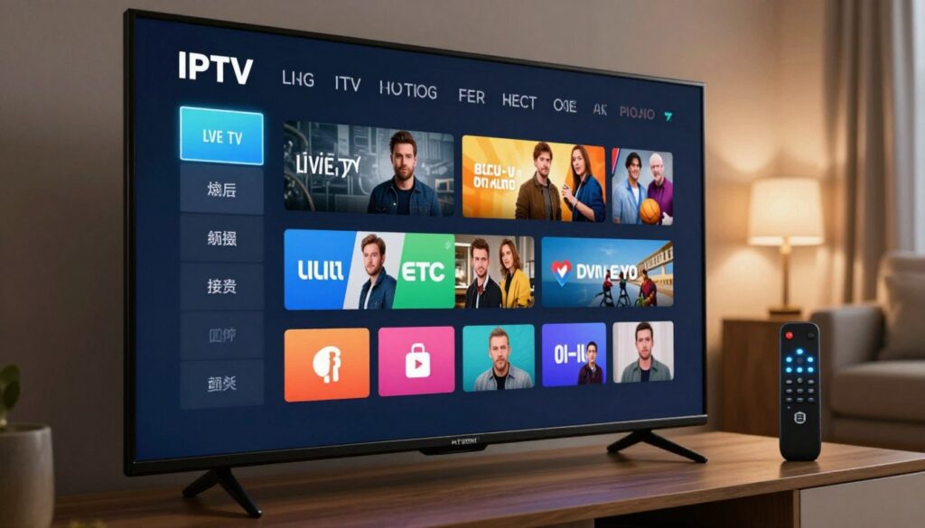 A detailed electronic program guide interface displayed on a sleek modern TV screen. The foreground features an interactive menu with colorful icons representing various channels and shows, showcasing options for live TV and on-demand content. The middle ground includes a remote control with illuminated buttons, hinting at user interaction. The background features a cozy living room setting with soft, ambient lighting creating a warm atmosphere. The scene is shot from a slight angle, emphasizing the clarity of the 4K resolution display. The mood is inviting and modern, reflecting the latest in IPTV technology. Include the brand name "IPTVVUK.COM" subtly incorporated into the UI design. A detailed electronic program guide interface displayed on a sleek modern TV screen. The foreground features an interactive menu with colorful icons representing various channels and shows, showcasing options for live TV and on-demand content. The middle ground includes a remote control with illuminated buttons, hinting at user interaction. The background features a cozy living room setting with soft, ambient lighting creating a warm atmosphere. The scene is shot from a slight angle, emphasizing the clarity of the 4K resolution display. The mood is inviting and modern, reflecting the latest in IPTV technology. Include the brand name "IPTVVUK.COM" subtly incorporated into the UI design.