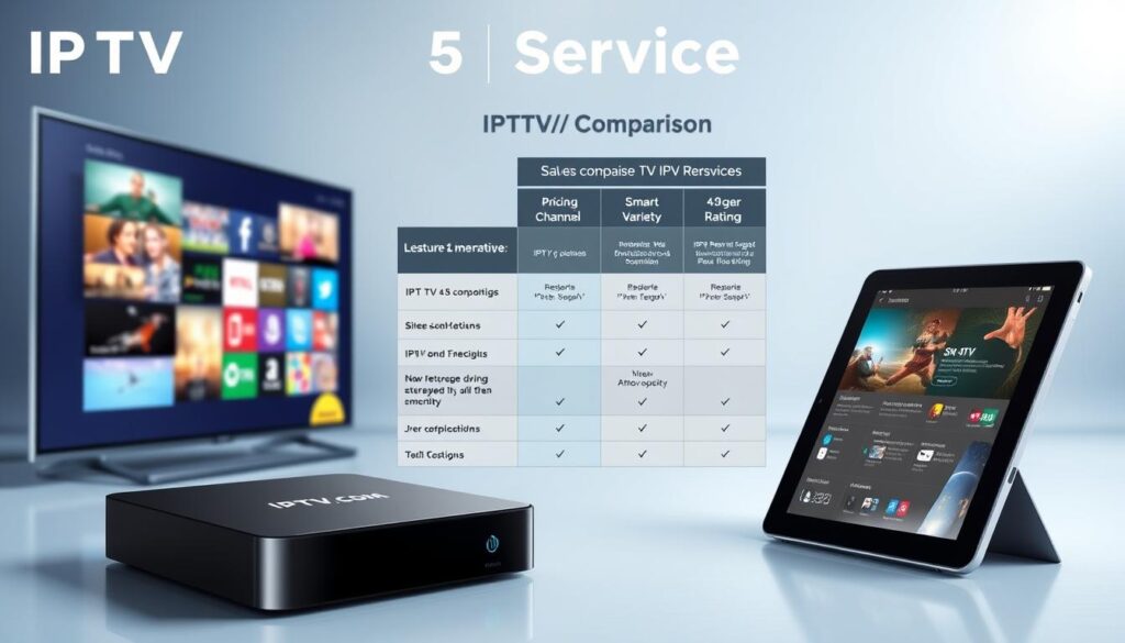 A detailed infographic illustrating an IPTV service comparison for various streaming options. In the foreground, include three distinct IPTV devices: a sleek smart TV, a modern set-top box, and a tablet, all displaying vibrant streaming content on their screens. In the middle ground, create a visually engaging chart comparing features like pricing, channel variety, and user ratings. Arrange these elements on a clean, tech-inspired background with soft blues and whites, conveying a professional and informative atmosphere. Use soft lighting that highlights the devices and chart, mimicking the look of well-lit tech advertisements. Ensure the overall mood feels approachable yet authoritative, suitable for guiding readers in choosing the right IPTV service for their needs. Brand the image subtly with "IPTVVUK.COM" positioned on one of the devices. A detailed infographic illustrating an IPTV service comparison for various streaming options. In the foreground, include three distinct IPTV devices: a sleek smart TV, a modern set-top box, and a tablet, all displaying vibrant streaming content on their screens. In the middle ground, create a visually engaging chart comparing features like pricing, channel variety, and user ratings. Arrange these elements on a clean, tech-inspired background with soft blues and whites, conveying a professional and informative atmosphere. Use soft lighting that highlights the devices and chart, mimicking the look of well-lit tech advertisements. Ensure the overall mood feels approachable yet authoritative, suitable for guiding readers in choosing the right IPTV service for their needs. Brand the image subtly with "IPTVVUK.COM" positioned on one of the devices.