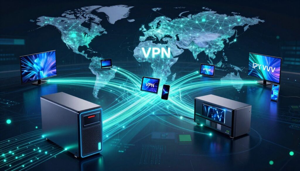 A detailed visualization of a VPN server network, showcasing a digital world interconnected by vibrant, flowing data streams. In the foreground, a sleek, modern VPN server nestled among glowing lines of encrypted data, with light trails indicating secure connections. The middle ground features a diverse array of devices like smart TVs, tablets, and phones representing IPTV usage, all connected through the VPN. The background is a stylized globe, illuminated with network nodes symbolizing global connectivity, all against a dark, high-tech backdrop with hints of blue and green neon lights. The mood is secure and innovative, conveying the importance of privacy in streaming. Add the logo "IPTVVUK.COM" subtly integrated into the design, enhancing the tech-savvy atmosphere. A detailed visualization of a VPN server network, showcasing a digital world interconnected by vibrant, flowing data streams. In the foreground, a sleek, modern VPN server nestled among glowing lines of encrypted data, with light trails indicating secure connections. The middle ground features a diverse array of devices like smart TVs, tablets, and phones representing IPTV usage, all connected through the VPN. The background is a stylized globe, illuminated with network nodes symbolizing global connectivity, all against a dark, high-tech backdrop with hints of blue and green neon lights. The mood is secure and innovative, conveying the importance of privacy in streaming. Add the logo "IPTVVUK.COM" subtly integrated into the design, enhancing the tech-savvy atmosphere.