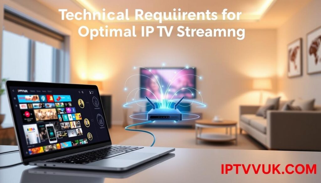 A digital illustration depicting "Technical Requirements for Optimal IPTV Streaming". In the foreground, showcase a sleek laptop connected to a smart television, displaying vibrant streaming content. Include various device icons like smartphones and tablets, symbolizing multi-device support. The middle layer features a visual representation of a high-speed internet connection, illustrated with glowing fiber optic lines converging from a router. In the background, softly blurred, illustrate a cozy living room setup with comfortable furniture, emphasizing a relaxed viewing environment. Use bright, warm lighting to convey a welcoming atmosphere, with a focus on technological sophistication. Ensure the brand name "IPTVVUK.COM" is subtly integrated into the design. The overall mood should be modern and inviting, emphasizing ease of use and high-quality performance in IPTV streaming. A digital illustration depicting "Technical Requirements for Optimal IPTV Streaming". In the foreground, showcase a sleek laptop connected to a smart television, displaying vibrant streaming content. Include various device icons like smartphones and tablets, symbolizing multi-device support. The middle layer features a visual representation of a high-speed internet connection, illustrated with glowing fiber optic lines converging from a router. In the background, softly blurred, illustrate a cozy living room setup with comfortable furniture, emphasizing a relaxed viewing environment. Use bright, warm lighting to convey a welcoming atmosphere, with a focus on technological sophistication. Ensure the brand name "IPTVVUK.COM" is subtly integrated into the design. The overall mood should be modern and inviting, emphasizing ease of use and high-quality performance in IPTV streaming.