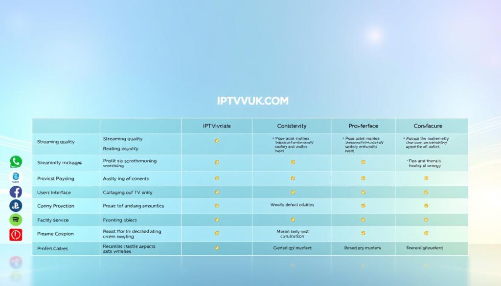 A digitally rendered table comparing various IPTV services in 2025, featuring distinct columns and rows for different providers, including "IPTVVUK.COM." In the foreground, vibrant icons representing features like streaming quality, pricing, and user interface appear next to each service name. In the middle, a clear grid layout with highlighted comparisons in contrasting colors that indicates pros and cons, creating a clean and organized look. The background features a gradient of soft blues and greens, suggesting a tech-savvy and modern ambiance, enhanced with subtle streaming imagery, like motion waves or pixel transitions. The lighting is bright with a subtle glow effect, lending a professional and inviting mood to the image, suitable for an informative article. A digitally rendered table comparing various IPTV services in 2025, featuring distinct columns and rows for different providers, including "IPTVVUK.COM." In the foreground, vibrant icons representing features like streaming quality, pricing, and user interface appear next to each service name. In the middle, a clear grid layout with highlighted comparisons in contrasting colors that indicates pros and cons, creating a clean and organized look. The background features a gradient of soft blues and greens, suggesting a tech-savvy and modern ambiance, enhanced with subtle streaming imagery, like motion waves or pixel transitions. The lighting is bright with a subtle glow effect, lending a professional and inviting mood to the image, suitable for an informative article.
