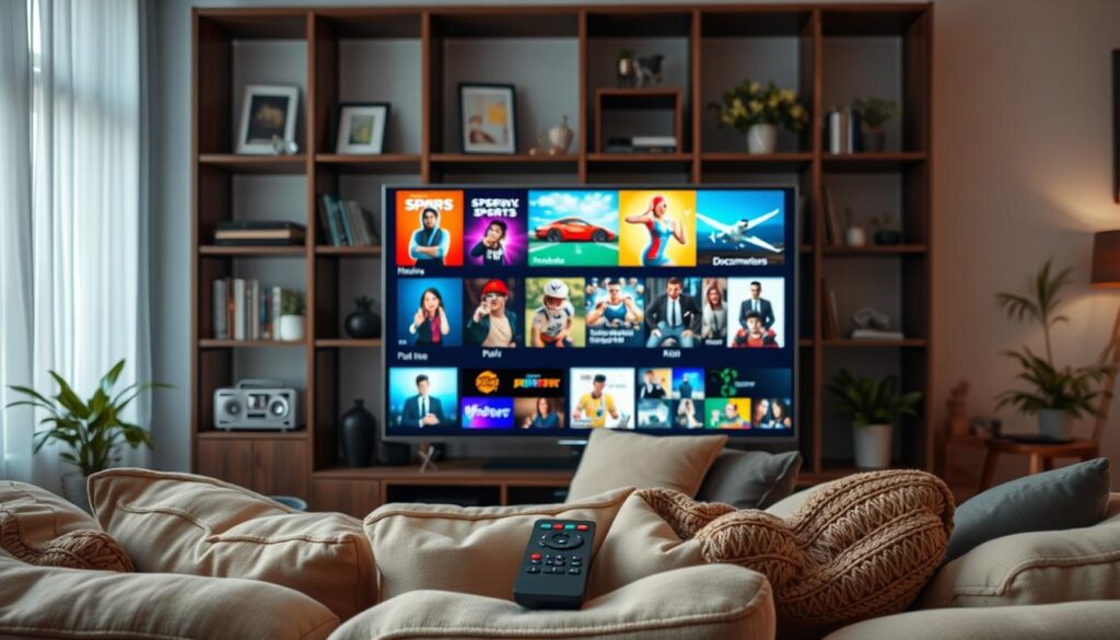 A dynamic and engaging composition showcasing the concept of "IPTV Content Variety." In the foreground, a modern living room setting features a sleek, large-screen television displaying a vibrant, colorful collage of streaming content including movies, sports, documentaries, and kids' shows, all branded subtly with "IPTVVUK.COM." In the middle ground, a cozy couch is adorned with plush cushions, with a remote laid on the cushions to convey the act of browsing through channels. The background presents a stylish bookshelf filled with entertainment memorabilia and plants, enhancing the warm, inviting atmosphere. Soft, ambient lighting casts a comfortable glow over the scene, creating a relaxed yet exciting mood that reflects the benefits of using private IPTV services. The image should have a wide-angle perspective to capture the entire setting effectively. A dynamic and engaging composition showcasing the concept of "IPTV Content Variety." In the foreground, a modern living room setting features a sleek, large-screen television displaying a vibrant, colorful collage of streaming content including movies, sports, documentaries, and kids' shows, all branded subtly with "IPTVVUK.COM." In the middle ground, a cozy couch is adorned with plush cushions, with a remote laid on the cushions to convey the act of browsing through channels. The background presents a stylish bookshelf filled with entertainment memorabilia and plants, enhancing the warm, inviting atmosphere. Soft, ambient lighting casts a comfortable glow over the scene, creating a relaxed yet exciting mood that reflects the benefits of using private IPTV services. The image should have a wide-angle perspective to capture the entire setting effectively.