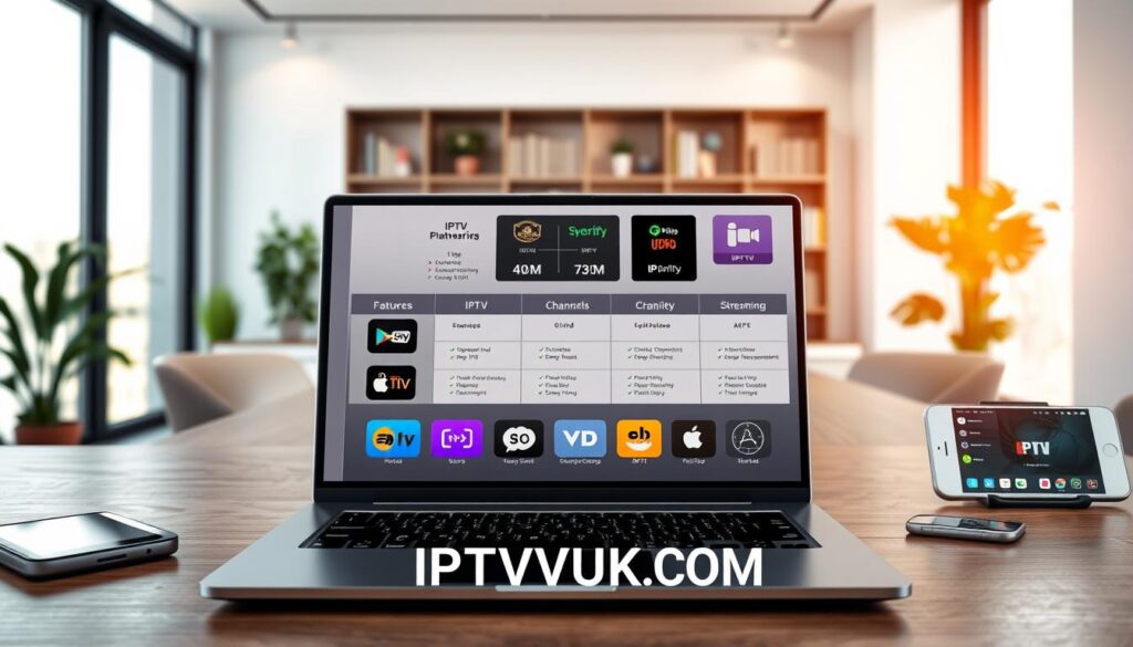 A dynamic digital workspace showcasing a comparison of various IPTV services. In the foreground, a sleek laptop displays vibrant app icons representing different IPTV platforms, with a clean user interface. Surrounding the laptop, various gadgets like a smartphone and tablet feature related IPTV apps. In the middle ground, an organized chart or infographic illustrating key features, such as pricing, channel variety, and streaming quality, is visible. The background features a modern office setting with soft lighting, a stylish bookshelf, and large windows letting in natural light, creating a professional atmosphere. The overall mood is informative and engaging, inviting users to explore their IPTV options. Include the brand logo "IPTVVUK.COM" subtly integrated into the design elements. A dynamic digital workspace showcasing a comparison of various IPTV services. In the foreground, a sleek laptop displays vibrant app icons representing different IPTV platforms, with a clean user interface. Surrounding the laptop, various gadgets like a smartphone and tablet feature related IPTV apps. In the middle ground, an organized chart or infographic illustrating key features, such as pricing, channel variety, and streaming quality, is visible. The background features a modern office setting with soft lighting, a stylish bookshelf, and large windows letting in natural light, creating a professional atmosphere. The overall mood is informative and engaging, inviting users to explore their IPTV options. Include the brand logo "IPTVVUK.COM" subtly integrated into the design elements.