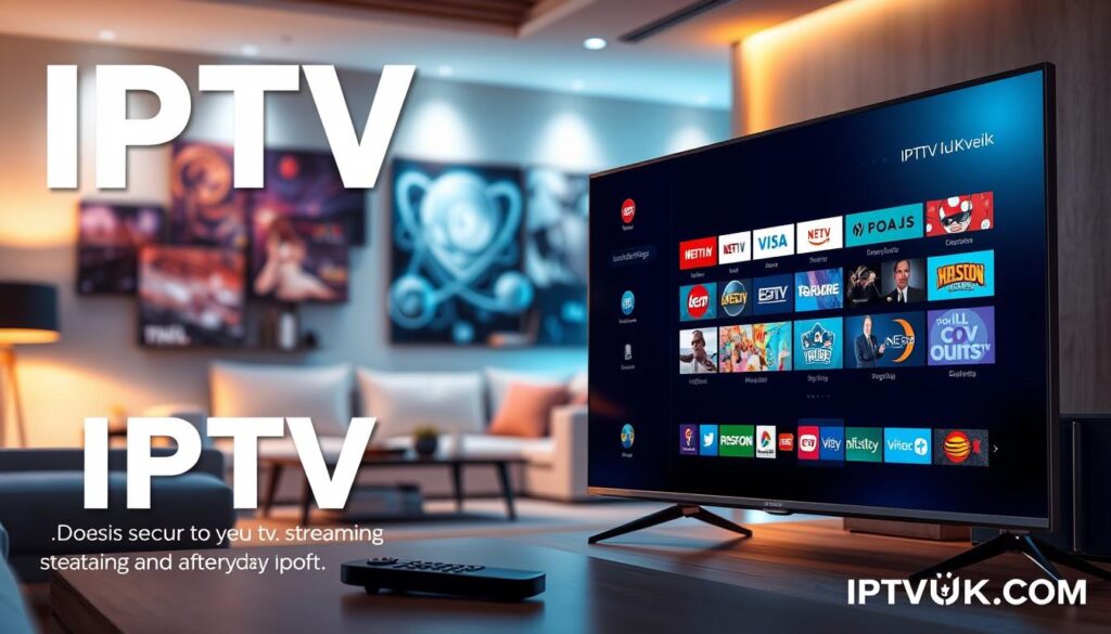A dynamic illustration showcasing "IPTV Live TV Streaming" in a modern, tech-savvy environment. In the foreground, a sleek, high-definition smart TV displays a vibrant IPTV interface with diverse channels, highlighting entertainment options. A remote control is placed beside the TV, suggesting ease of use. In the middle ground, a stylish living room setting features a comfortable sofa and ambient lighting, creating a cozy atmosphere. The background includes a wall adorned with digital art, hinting at the integration of technology in everyday life. The mood is inviting and contemporary, capturing the essence of secure and affordable IPTV services offered by IPTVVUK.COM. The lighting is warm, with soft-focus highlights emphasizing the high-tech aspect without overwhelming elements, presenting a clean, professional aesthetic. A dynamic illustration showcasing "IPTV Live TV Streaming" in a modern, tech-savvy environment. In the foreground, a sleek, high-definition smart TV displays a vibrant IPTV interface with diverse channels, highlighting entertainment options. A remote control is placed beside the TV, suggesting ease of use. In the middle ground, a stylish living room setting features a comfortable sofa and ambient lighting, creating a cozy atmosphere. The background includes a wall adorned with digital art, hinting at the integration of technology in everyday life. The mood is inviting and contemporary, capturing the essence of secure and affordable IPTV services offered by IPTVVUK.COM. The lighting is warm, with soft-focus highlights emphasizing the high-tech aspect without overwhelming elements, presenting a clean, professional aesthetic.