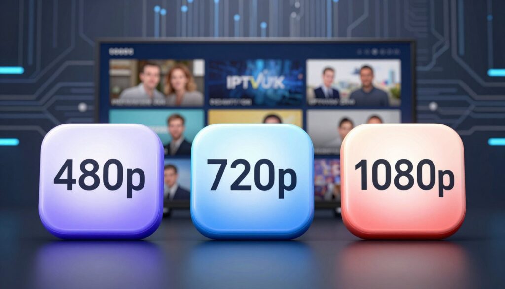 A dynamic scene showcasing IPTV streaming quality options, featuring three distinct quality icons: 480p, 720p, and 1080p, designed like app buttons. In the foreground, the icons are glossy and vibrant, with a slight 3D effect, illuminated by soft, focused lighting to make them pop. The middle ground displays a blurred television screen showing a variety of streamed content scenes that exemplify different qualities. The background is an abstract tech-themed design, incorporating fiber optic patterns and circuit-like motifs in cool tones of blue and grey, creating a modern atmosphere. Ensure the scene conveys a professional, informative mood, ideal for evaluating IPTV service features. Include the brand name "IPTVVUK.COM" subtly integrated into the design, without text overlays. A dynamic scene showcasing IPTV streaming quality options, featuring three distinct quality icons: 480p, 720p, and 1080p, designed like app buttons. In the foreground, the icons are glossy and vibrant, with a slight 3D effect, illuminated by soft, focused lighting to make them pop. The middle ground displays a blurred television screen showing a variety of streamed content scenes that exemplify different qualities. The background is an abstract tech-themed design, incorporating fiber optic patterns and circuit-like motifs in cool tones of blue and grey, creating a modern atmosphere. Ensure the scene conveys a professional, informative mood, ideal for evaluating IPTV service features. Include the brand name "IPTVVUK.COM" subtly integrated into the design, without text overlays.