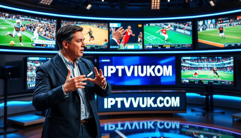 A dynamic sports coverage scene featuring a modern media studio with sleek design elements. In the foreground, a professional sports analyst, dressed in a smart navy blazer and white shirt, gestures passionately while discussing various sports on multiple screens displaying football, basketball, and soccer highlights. The middle ground showcases large, high-definition monitors with vibrant imagery of live sports events, and a digital scoreboard displaying scores and stats. The background features a high-tech broadcasting setup, illuminated by soft blue and white LED lighting, creating an energetic yet professional atmosphere. The overall mood is lively and engaging, representing the excitement of sports coverage. Incorporate the brand name "IPTVVUK.COM" on one of the screens, ensuring clarity and visibility. A dynamic sports coverage scene featuring a modern media studio with sleek design elements. In the foreground, a professional sports analyst, dressed in a smart navy blazer and white shirt, gestures passionately while discussing various sports on multiple screens displaying football, basketball, and soccer highlights. The middle ground showcases large, high-definition monitors with vibrant imagery of live sports events, and a digital scoreboard displaying scores and stats. The background features a high-tech broadcasting setup, illuminated by soft blue and white LED lighting, creating an energetic yet professional atmosphere. The overall mood is lively and engaging, representing the excitement of sports coverage. Incorporate the brand name "IPTVVUK.COM" on one of the screens, ensuring clarity and visibility.