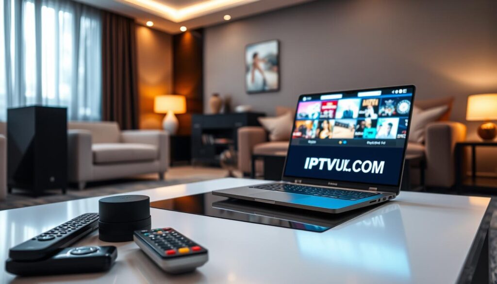 A high-tech living room setup showcasing IPTV service quality. In the foreground, a smart TV displaying vibrant streaming content, surrounded by remote controls and a sleek sound system. In the middle, a modern coffee table with a laptop open to IPTVVUK.COM, illustrating user-friendly interface design and smooth navigation. The background features a cozy couch and elegant decor, with soft ambient lighting creating a warm, inviting atmosphere. The scene captures a blend of comfort and technology, emphasizing clarity and seamless streaming experiences. The image is shot from a low angle to enhance depth, focusing on the connection between the user and their entertainment system, with a visually appealing arrangement that conveys the excitement of reliable IPTV services. A high-tech living room setup showcasing IPTV service quality. In the foreground, a smart TV displaying vibrant streaming content, surrounded by remote controls and a sleek sound system. In the middle, a modern coffee table with a laptop open to IPTVVUK.COM, illustrating user-friendly interface design and smooth navigation. The background features a cozy couch and elegant decor, with soft ambient lighting creating a warm, inviting atmosphere. The scene captures a blend of comfort and technology, emphasizing clarity and seamless streaming experiences. The image is shot from a low angle to enhance depth, focusing on the connection between the user and their entertainment system, with a visually appealing arrangement that conveys the excitement of reliable IPTV services.