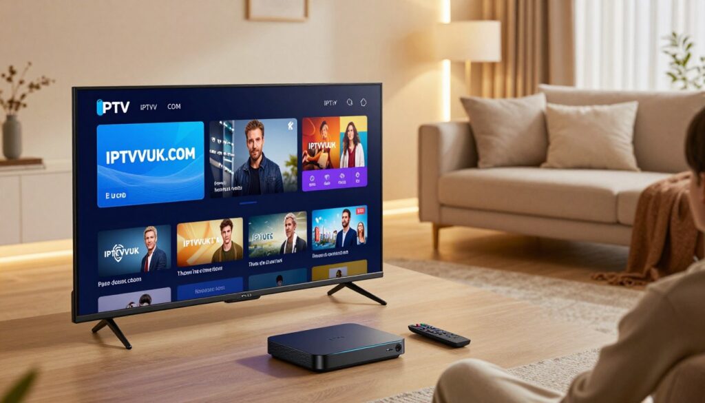 A high-tech living room setup showcasing the premium streaming experience of IPTV. In the foreground, a sleek, modern flat-screen TV displays a vibrant, high-definition IPTV interface with logo "IPTVVUK.COM" prominently featured on the screen. Sophisticated streaming equipment like a streaming box and smart remote are artistically arranged nearby. The mid-ground features a cozy sofa with plush cushions, inviting viewers to sit back and enjoy the content. In the background, a soft glow from ambient LED lights enhances the modern, stylish decor while creating an inviting atmosphere. The lighting is bright yet warm, suggesting comfort and reliability. The angle should be slightly above eye-level, capturing the viewer's perspective as they settle in for a perfect streaming experience, evoking a sense of performance and quality. A high-tech living room setup showcasing the premium streaming experience of IPTV. In the foreground, a sleek, modern flat-screen TV displays a vibrant, high-definition IPTV interface with logo "IPTVVUK.COM" prominently featured on the screen. Sophisticated streaming equipment like a streaming box and smart remote are artistically arranged nearby. The mid-ground features a cozy sofa with plush cushions, inviting viewers to sit back and enjoy the content. In the background, a soft glow from ambient LED lights enhances the modern, stylish decor while creating an inviting atmosphere. The lighting is bright yet warm, suggesting comfort and reliability. The angle should be slightly above eye-level, capturing the viewer's perspective as they settle in for a perfect streaming experience, evoking a sense of performance and quality.