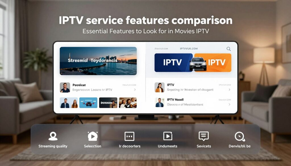 A high-tech, visually engaging infographic depicting "IPTV service features comparison" for an article section titled "Essential Features to Look for in Movies IPTV." The foreground features a sleek digital interface with icons and symbols representing key IPTV features such as streaming quality, channel selection, user interface, customer support, and device compatibility. In the middle ground, create a split view showcasing two different IPTV service platforms with side-by-side comparisons. The background features a modern living room setting illuminated with soft, ambient lighting, creating a cozy atmosphere ideal for movie-watching. Use a balanced, professional layout with sharp focus and a slight depth of field effect to draw attention to the details. Incorporate the brand name "IPTVVUK.COM" subtly within the design as part of the infographic's aesthetic. A high-tech, visually engaging infographic depicting "IPTV service features comparison" for an article section titled "Essential Features to Look for in Movies IPTV." The foreground features a sleek digital interface with icons and symbols representing key IPTV features such as streaming quality, channel selection, user interface, customer support, and device compatibility. In the middle ground, create a split view showcasing two different IPTV service platforms with side-by-side comparisons. The background features a modern living room setting illuminated with soft, ambient lighting, creating a cozy atmosphere ideal for movie-watching. Use a balanced, professional layout with sharp focus and a slight depth of field effect to draw attention to the details. Incorporate the brand name "IPTVVUK.COM" subtly within the design as part of the infographic's aesthetic.
