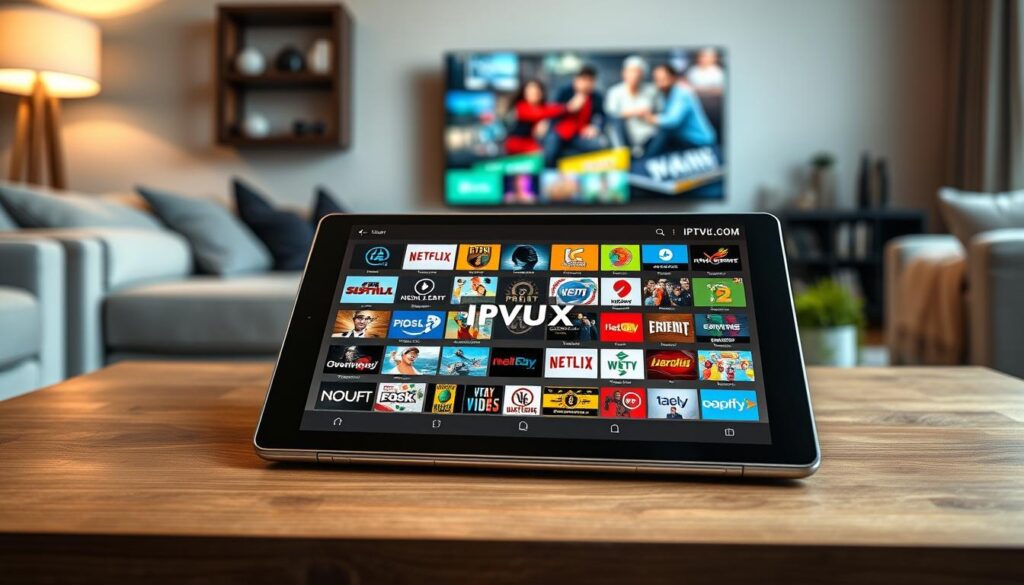 A modern HD IPTV content library interface displayed on a sleek, futuristic digital tablet placed on a stylish wooden coffee table. In the foreground, the tablet showcases a vivid grid of colorful thumbnails representing various HD channels and on-demand content, with a user-friendly navigation bar at the bottom. The middle ground features a cozy living room setting, with a comfortable sofa and ambient lighting casting a warm glow. A subtle reflection of the TV screen, displaying dynamic IPTV visuals, can be seen in the background. The atmosphere exudes innovation and comfort, suggesting a seamless viewing experience. Soft lighting emphasizes the details on the tablet and enhances the welcoming environment. Include the brand name "IPTVVUK.COM" prominently on the tablet screen. A modern HD IPTV content library interface displayed on a sleek, futuristic digital tablet placed on a stylish wooden coffee table. In the foreground, the tablet showcases a vivid grid of colorful thumbnails representing various HD channels and on-demand content, with a user-friendly navigation bar at the bottom. The middle ground features a cozy living room setting, with a comfortable sofa and ambient lighting casting a warm glow. A subtle reflection of the TV screen, displaying dynamic IPTV visuals, can be seen in the background. The atmosphere exudes innovation and comfort, suggesting a seamless viewing experience. Soft lighting emphasizes the details on the tablet and enhances the welcoming environment. Include the brand name "IPTVVUK.COM" prominently on the tablet screen.